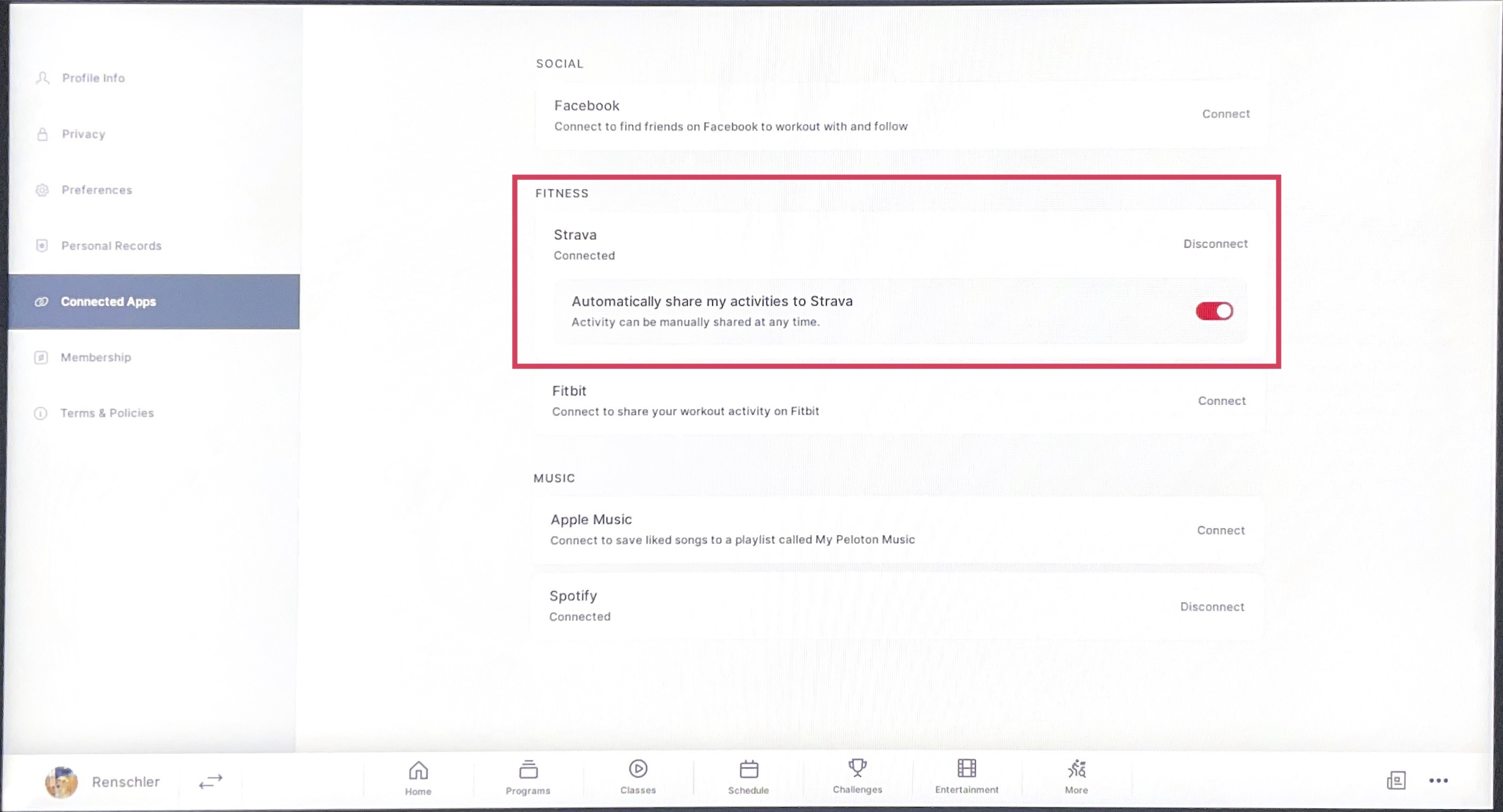 Peloton settings with auto share to Strava turned on